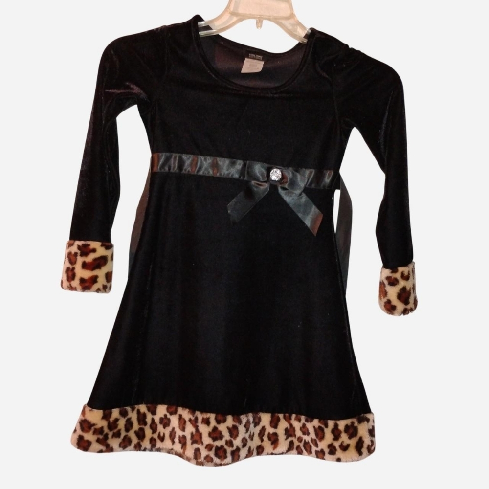 Holiday Editions Girls Black Velvet Dress w/ Leopard Faux Fur Trim - Size 7/8